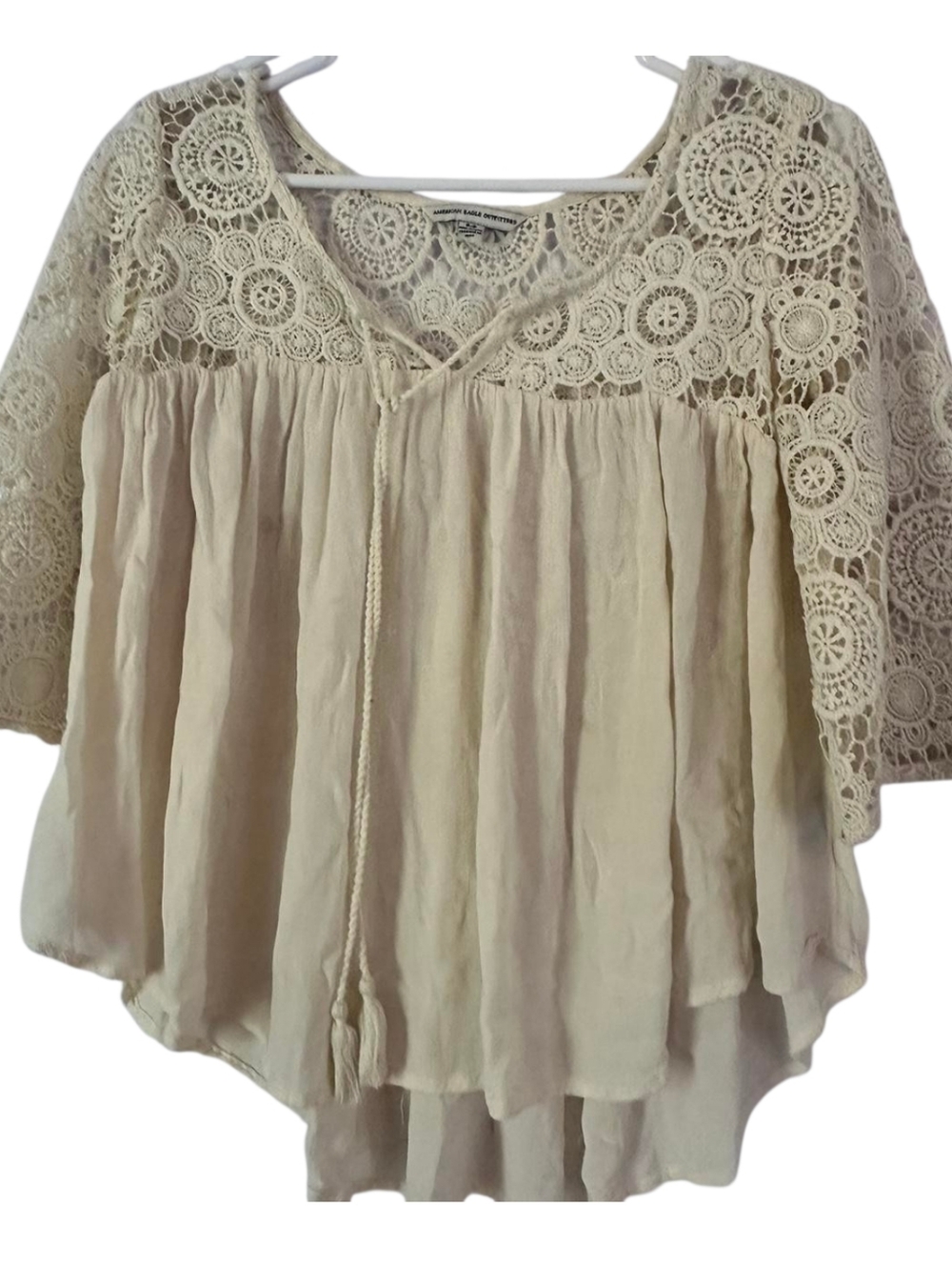 American Eagle Outfitters Cream Crochet Yoke Peasant Tunic - Picture 1 of 4
